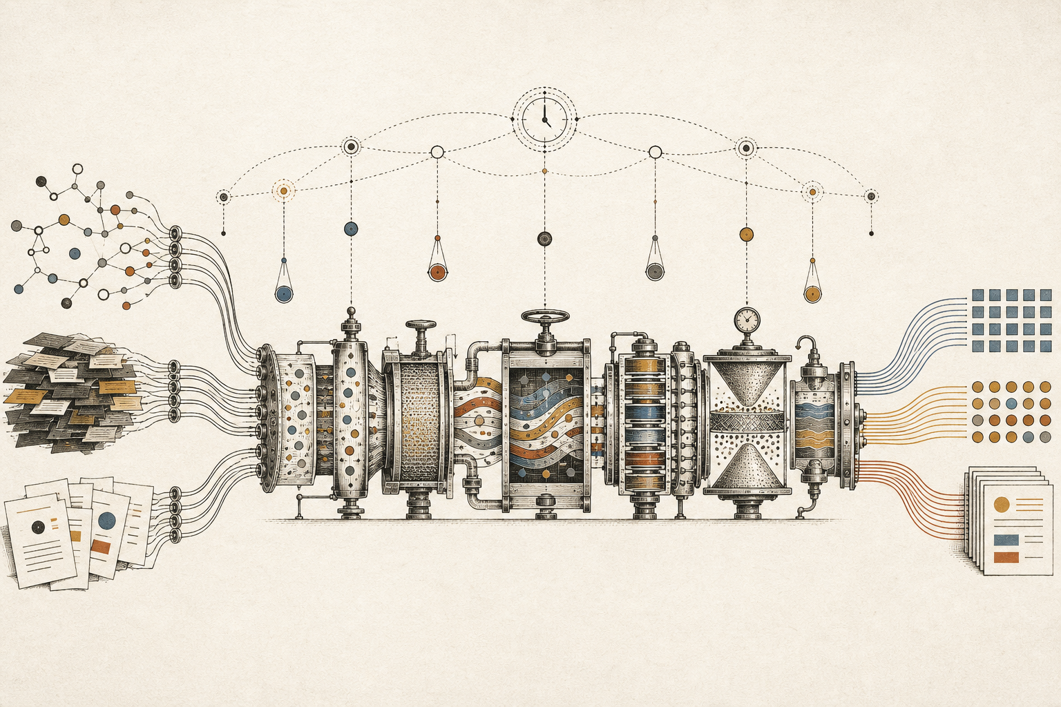Editorial illustration of raw records, files, and data streams entering a coordinated processing machine and leaving as organized datasets.